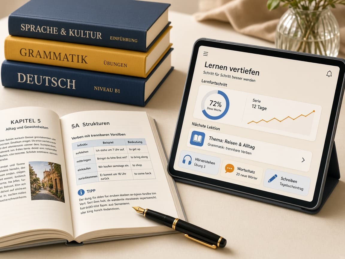 German textbooks and study materials on a desk