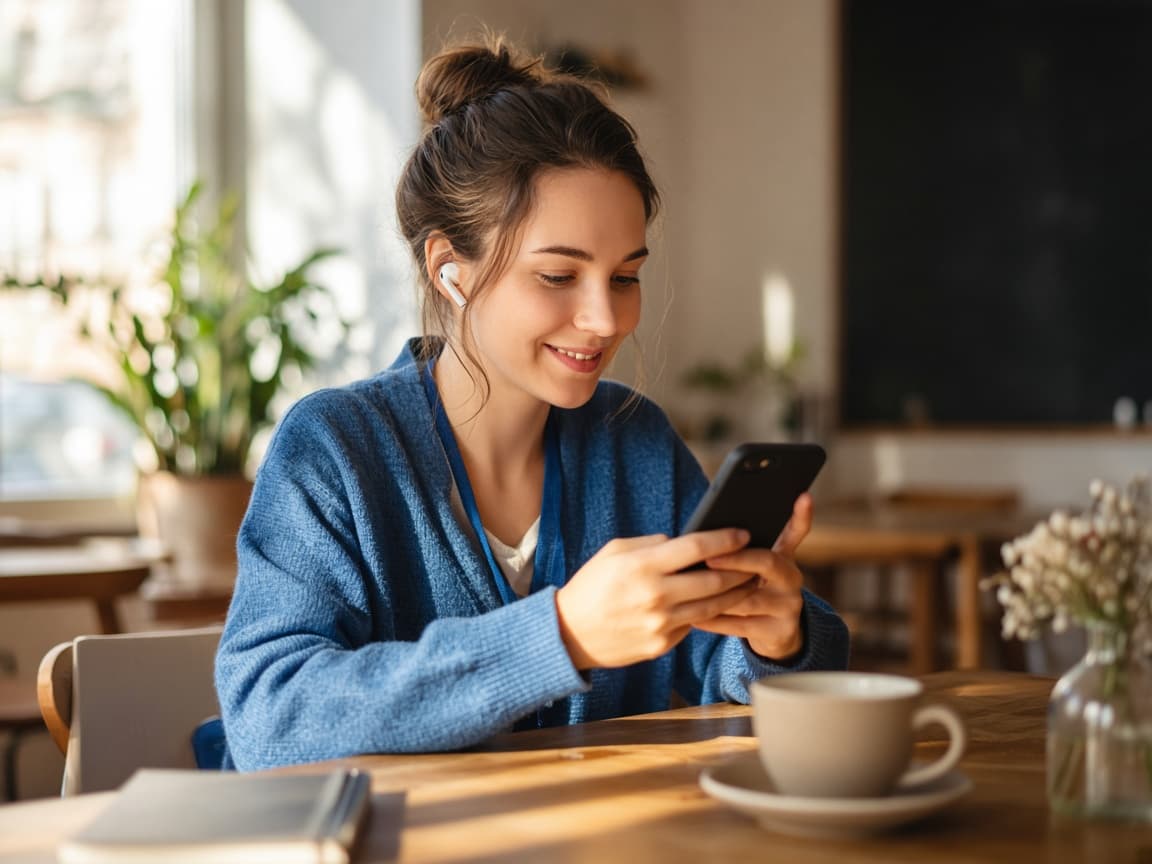 Learner practicing German on a phone in a bright cafe