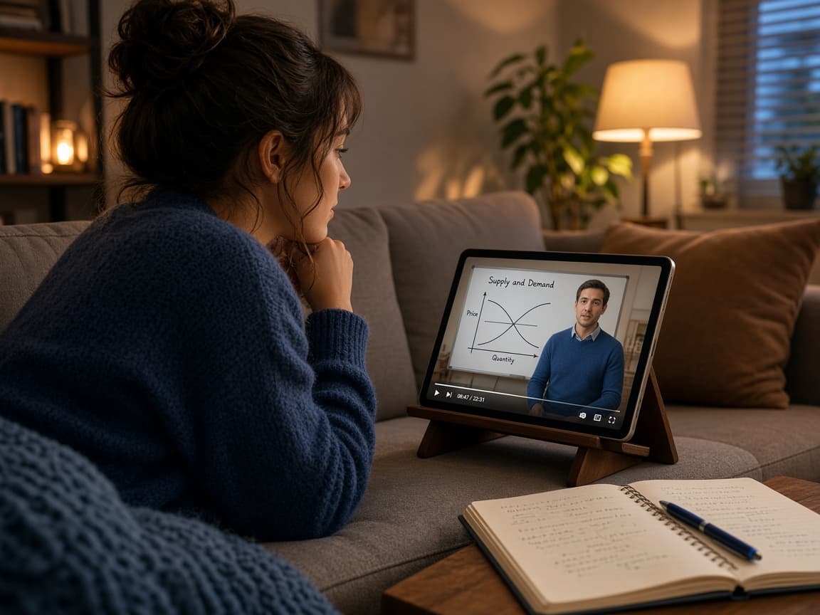 Student watching a hybrid video lesson on a tablet