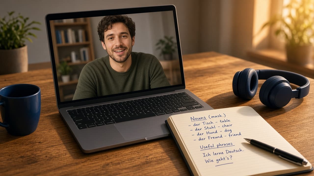 Online live German lesson on a laptop